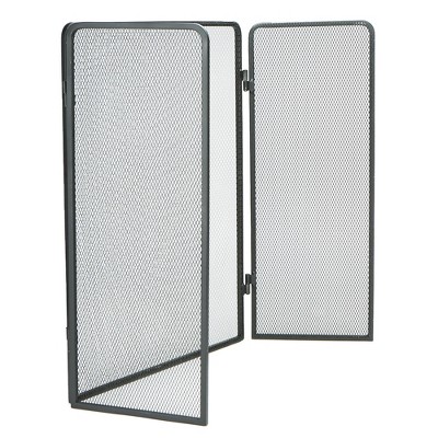 Black Metal Mesh Three-Panel Folding Fireplace Screen with Door