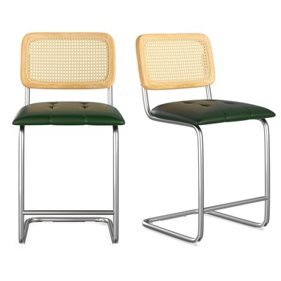 GlasFlength Dining Set with Rattan Back, Solid Wood Back, Leather Seat for Dining Room, Kitchen, Counter, Green, 18.9"*17.7"*37.4"