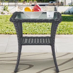 POCASSY Wicker Outdoor Side Table with Tempered Glass Top, All Weather Wicker 2-Tier End Table for Porch - 1 of 4