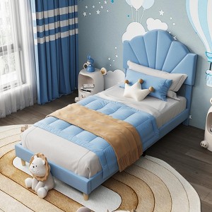 Twin Bed Frame, Velvet Upholstered Platform Bed Frame with Height Adjustable Headboard for Boys & Girls, Wood Slat Support, Easy to Assemble - 1 of 4