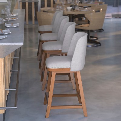 Gray Faux Linen Upholstered Counter Stools with Nailhead Trim