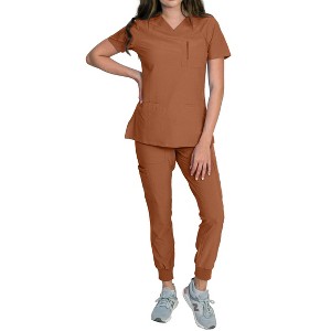 Medgear Fleur Women's Stretch Scrub Set with Zip Chest Pocket Top and Knit Rib Cuffs Jogger Pants - 1 of 4