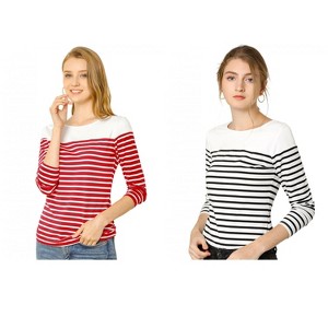 Allegra K Women's Color Block Round Neck Long Sleeves Striped Basic T-Shirt 2 Packs - 1 of 4