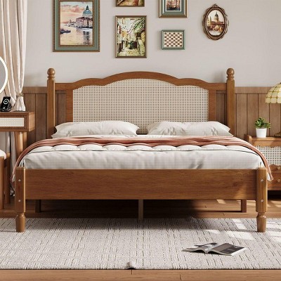 Streamdale Queen Size Wooden Platform Bed with Natural Rattan Headboard, Vintage Bed Frame with Wooden Slat Support, Walnut