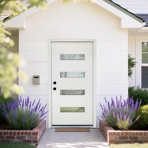 36 x 80 inch Fiberglass Entry Door with Brickmould Down Fiberglass Door with Vinyl Frame and 4-Lite Frosted Glass Right Hand Inswing - 1 of 4