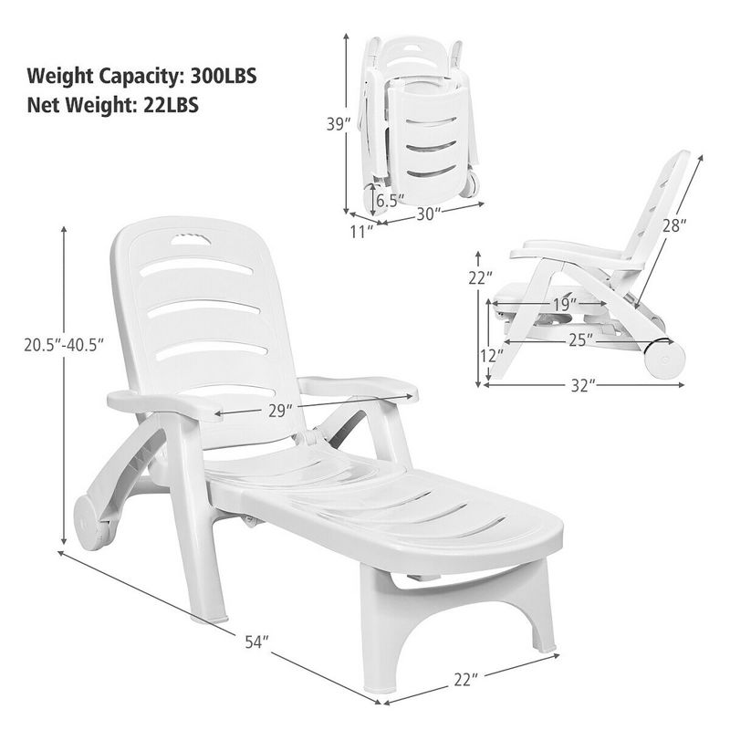 Costway Folding Chaise Lounge Chair 5-Position Adjustable Rolling Recliner w/ Wheels, 2 of 11