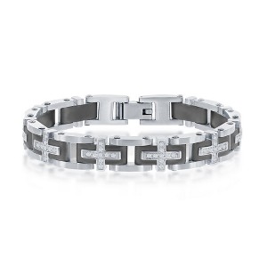 Metallo Stainless Steel Black and Silver CZ Cross Link Bracelet - Silver - 8.5 Inch - 1 of 4