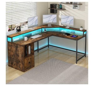 67in L Shaped Gaming Desk Home Office Computer Desk With File Drawer & LED Lights & Monitor Stand - 1 of 4