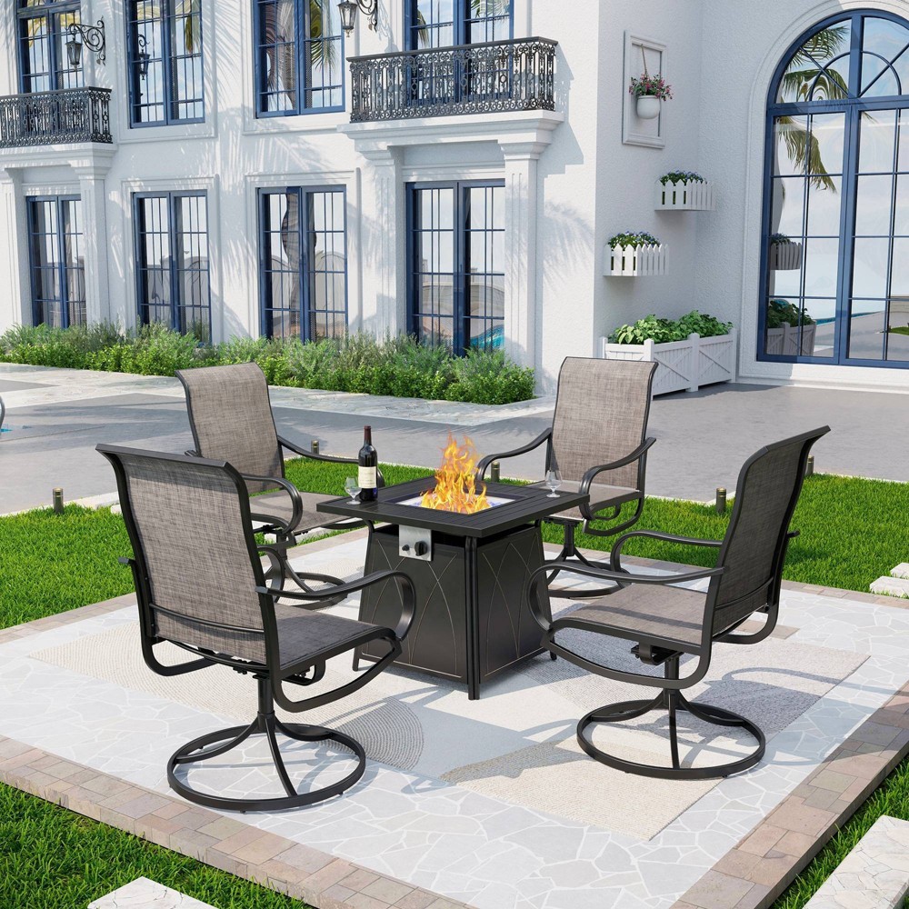 Photos - Dining Table 5pc Patio Dining Set with 28" Square Gas Fire Pit Table & Swivel Arm Chair