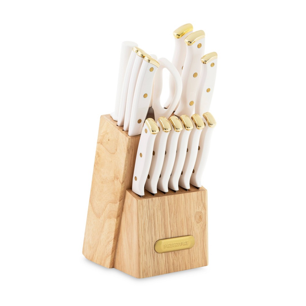 Farberware 15pc Cutlery Set White and Gold: Stainless Steel Blades, Plastic Handles, Knife Block, Lifetime Warranty