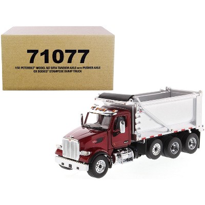Peterbilt 567 SFFA Tandem Axle with Pusher Axle OX Stampede Dump Truck Red and Chrome 1/50 Diecast Model by Diecast Masters