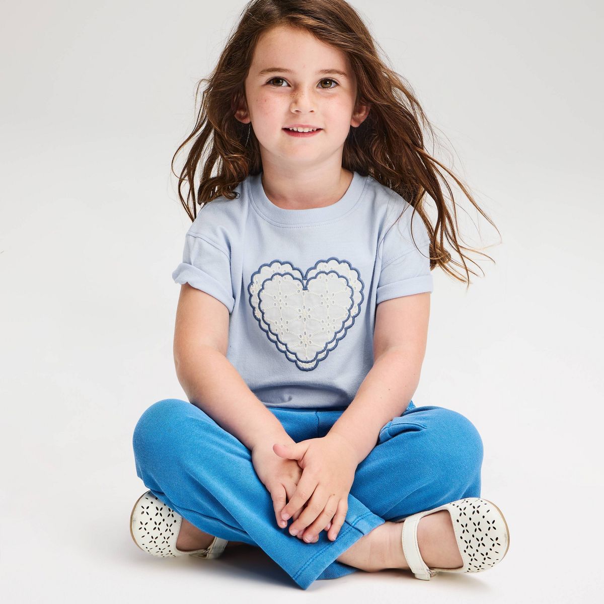 Baby & Toddler Girls' Eyelet Heart Short Sleeve Oversized T-Shirt - Cat & Jack™ Light Blue