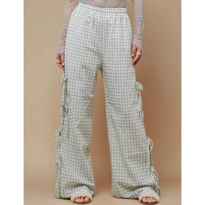 Women Everyday Checked Elastic Waist Side Strape Bowtie Casual Loungewear Pants IRIS FASHION