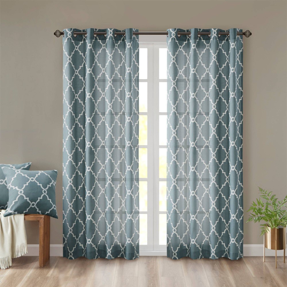 Photos - Curtains & Drapes 1pc 50"x108" Light Filtering Sereno Fretwork Print Curtain Panel Blue - Ma