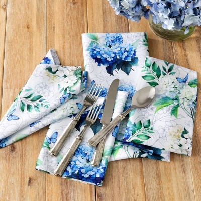 Hydrangea Bloom Blue and White Floral Polyester Dinner Napkins, Set of 4