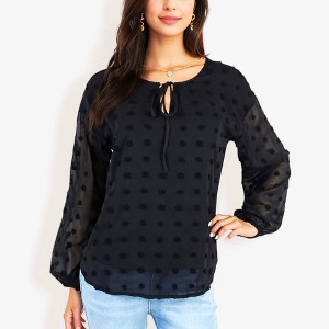 Anna-Kaci Women's Long Sleeve Polka Dot Chiffon Blouse With Tie Neck - 1 of 4
