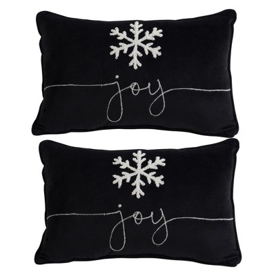 TopComfy Support Pillow Set of 2 Black Velvet Pillows with Embroidered Joy and Snowflake for Holiday Decor, Black, 5.7"*4.22"*4.32"