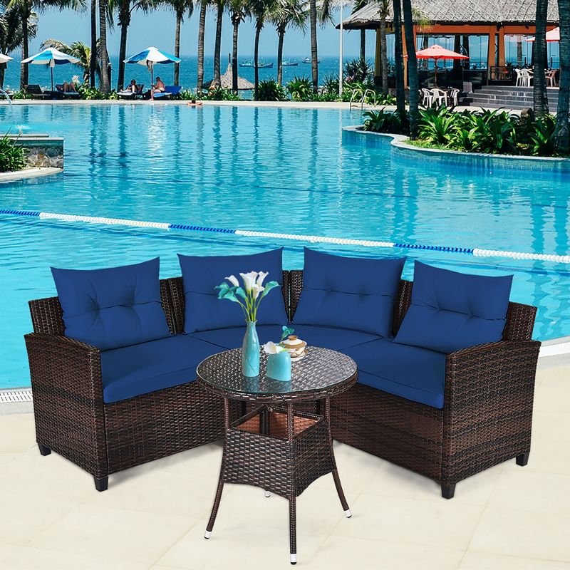 Costway 4PCS Outdoor Patio Rattan Furniture Set Cushioned Sofa Table Turquoise\Black\Navy\Red, 2 of 11