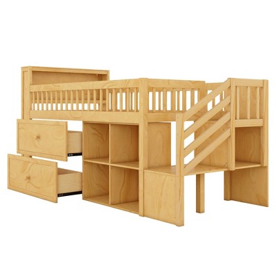 Vynxaria Twin Size Loft Bed with Bookshelf Stairs 2 Drawers 4 Shelves Solid Wood Low Loft Bed natural for Kids