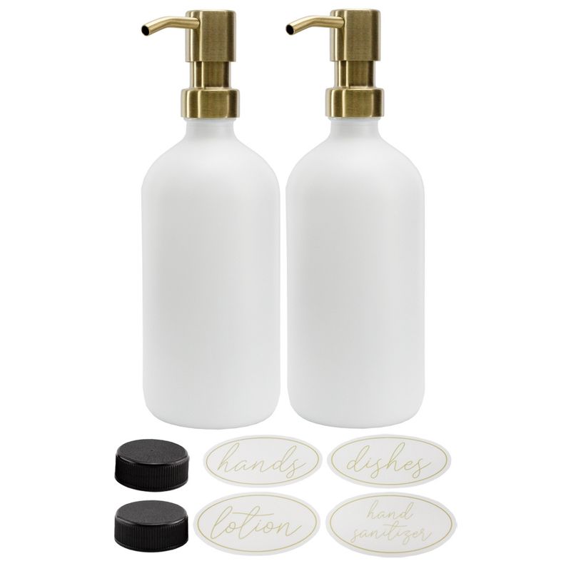 Darware- 16oz Glass Soap Dispenser with Gold Pumps, Black caps and Labels 2pk, 1 of 9