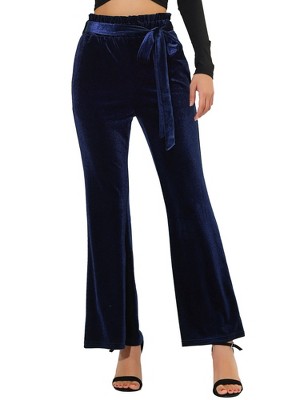 Allegra K Women's Velvet Tie Waist Stretchy Wide Leg Pants with Pockets