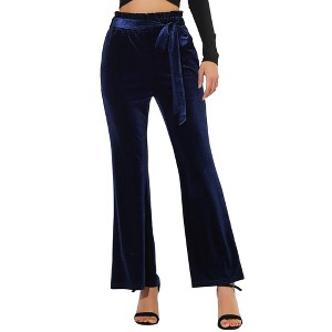 Allegra K Women's Velvet Tie Waist Stretchy Wide Leg Pants with Pockets - 1 of 4