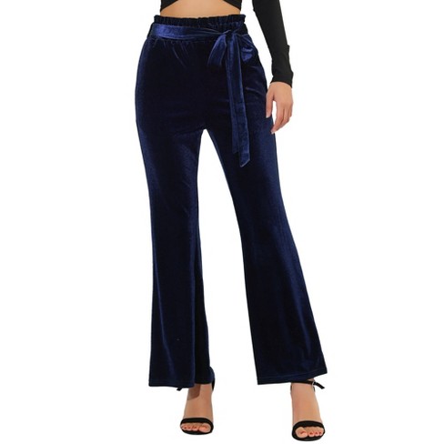 Allegra K Women's Velvet Tie Waist Stretchy Wide Leg Pants With Pockets  Dark Blue Small : Target