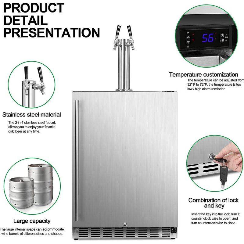 IceJungle Freestanding Full Size Kegerator Outdoor Dual Tap Draft Beer Dispenser Beverage Cooler w/LED Temp Control, Stainless Steel, 4 of 7