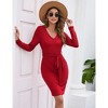 Clearlove Womens Sweater Dress V Neck Long Sleeve Ribbed Knit Tie Waist Bodycon Casual Dress Fit Midi Dress, Burgundy - S - 4 of 4