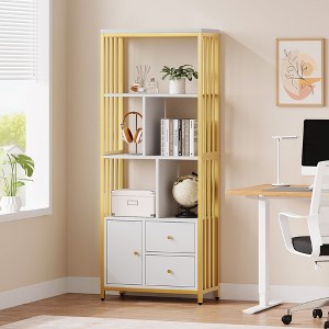 Modern Bookcase - Gold & White Tall Bookshelf with Storage Drawers - 1 of 4
