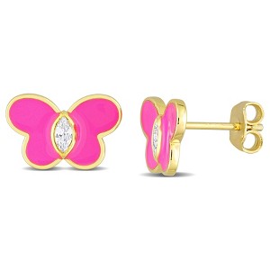 EVERLY JEWELRY | Yellow Plated Sterling Silver 1/4 CT TGW Created White Sapphire Butterfly Pink Enamel Stud Earrings - 1 of 4