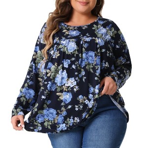 Agnes Orinda Women's Plus Size Fall Long Sleeve Pleated Crew Neck Flowy Floral Casual Blouses - 1 of 4