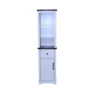 Gulches Tall Narrow Farmhouse Storage Cabinet - White with Black Walnut Top, Adjustable Shelves & Drawer, Linen Tower for Bathroom & Living Room - 1 of 4