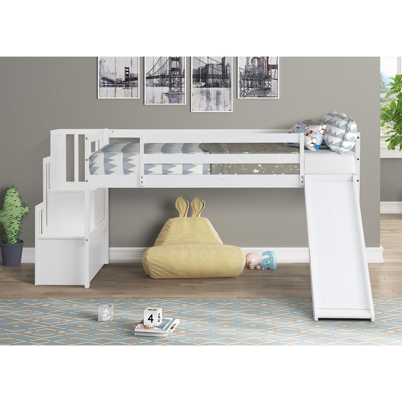 Twin size Loft Bed with Staircase, Safety Guardrails and Slide-ModernLuxe, 3 of 7