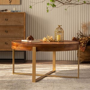 33.86" Modern Round Coffee Table Metal & Wood Splicing Round Coffee Table, Fir Wood Table Top With Gold Cross Legs Base Retro Splicing End Table - 1 of 4