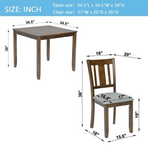 Gulches 5-Piece Walnut Wooden Dining Set for 4 - 34.5" Square Table + 4 Slatted Back Upholstered Chairs, Stable Space-Saving Design - 1 of 4