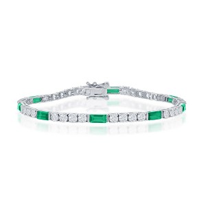Bella Silver Sterling Silver, Round and Emerald-Cut 3mm Tennis Bracelet - Emerald CZ - Green - 7.5 Inch - 1 of 2