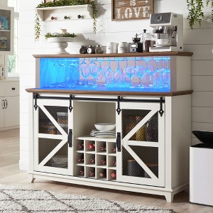 OKD 55" Coffee Bar Cabinet with LED Lights & Sliding Barn Door & Wine and Glass Rack, Wine Bar Cabinet w/Storage Shelves for Dining - 1 of 4