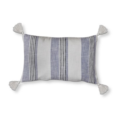 tagltd 24"x 16" Blue Water Woven Stripe Lumbar Yarn Dyed Cotton with Tassels Accent Decorative Throw Pillow Poly Filled Removable Insert Rectangle