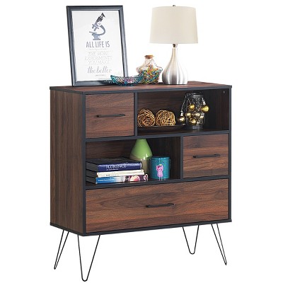 Walnut Multipurpose Sideboard Storage Cabinet with Metal Legs and Drawers
