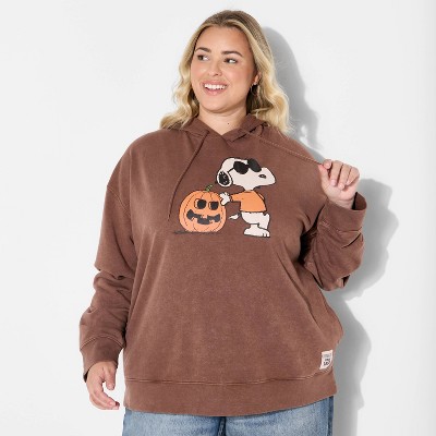 Women's Snoopy Pumpkin Fleece Graphic Hooded Sweatshirt - Brown