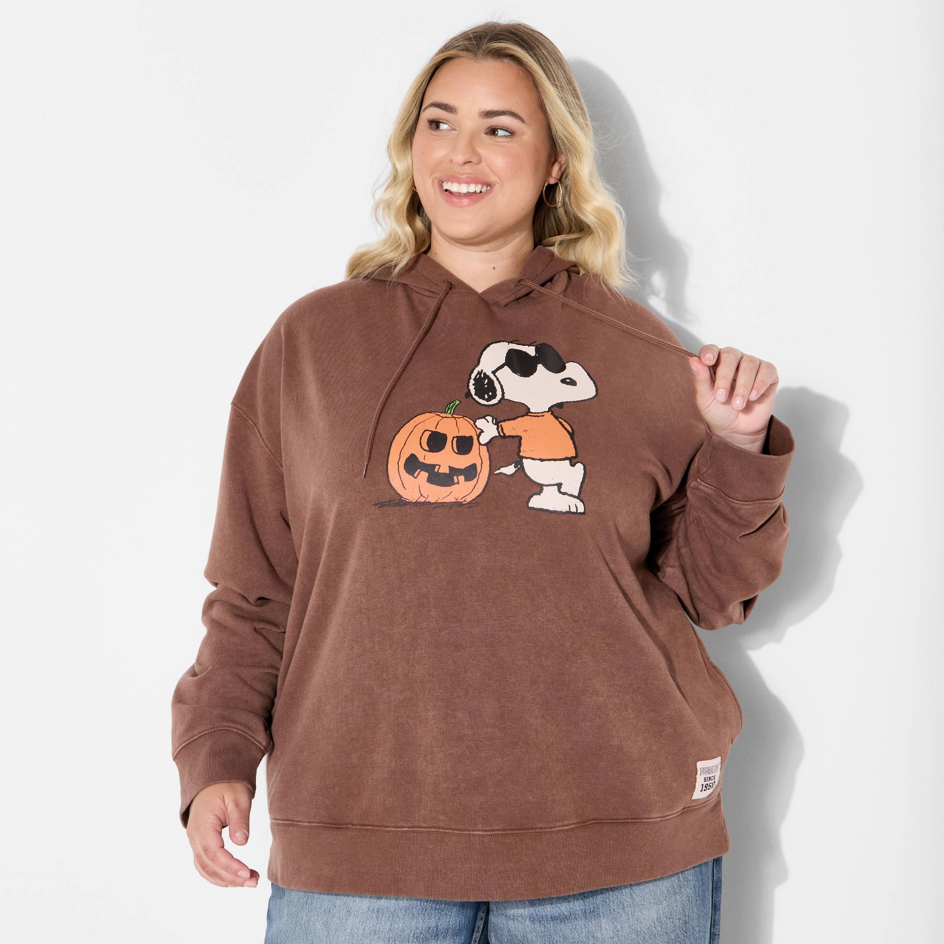Women's Snoopy Pumpkin Fleece Graphic Hooded Sweatshirt - Brown
