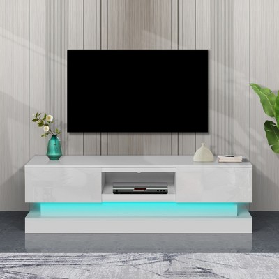 Modern TV Stand with LED Lights, 51" Entertainment Center with High Glossy Front, 2 Storage Drawers, for TVs up to 65", Living Room Bedroom