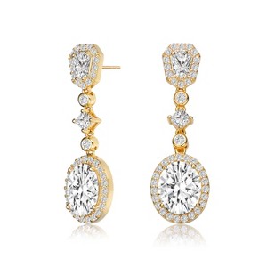 Guili Sterling Silver Gold Plated Clear Oval with Princess and Round Cubic Zirconia Accent Long Drop Earrings, a Statement of Pure Glamour - 1 of 3