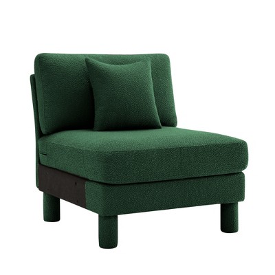 Vynxaria Modern Armless Sofa - Green Polyester Boucle Fabric, Curved Armrests, Cylindrical Legs, Toss Pillows