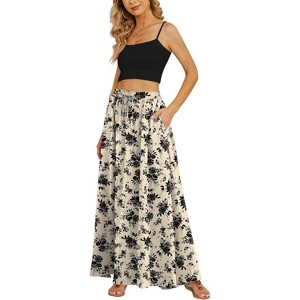 Women's Flowy High-Waist Maxi Skirt - Summer Pleated Long Skirt with Pockets Black Flower Light Beige - 1 of 4
