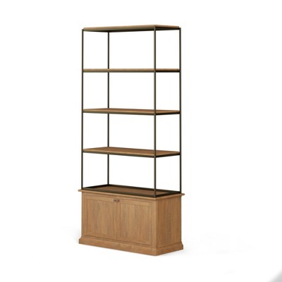 HomeRoots 42" Antiqued Brass And Light Brown Distressed Metal and Solid Wood Four Tier Bookcase with Two Doors
