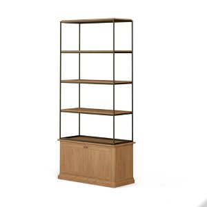 HomeRoots 42" Antiqued Brass And Light Brown Distressed Metal and Solid Wood Four Tier Bookcase with Two Doors - 1 of 4