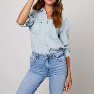 Women Long Sleeve v Neck Denim  Button Down Casual Shirts Chambray Blouse Top - 1 of 4