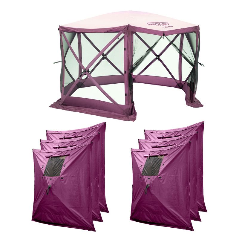 CLAM Quick Set Escape 11.5 x 11.5 Foot Portable Outdoor Canopy Shelter, Plum + CLAM Quick Set Screen Hub Tent Wind & Sun Panels, Plum (3 Pack), 1 of 7